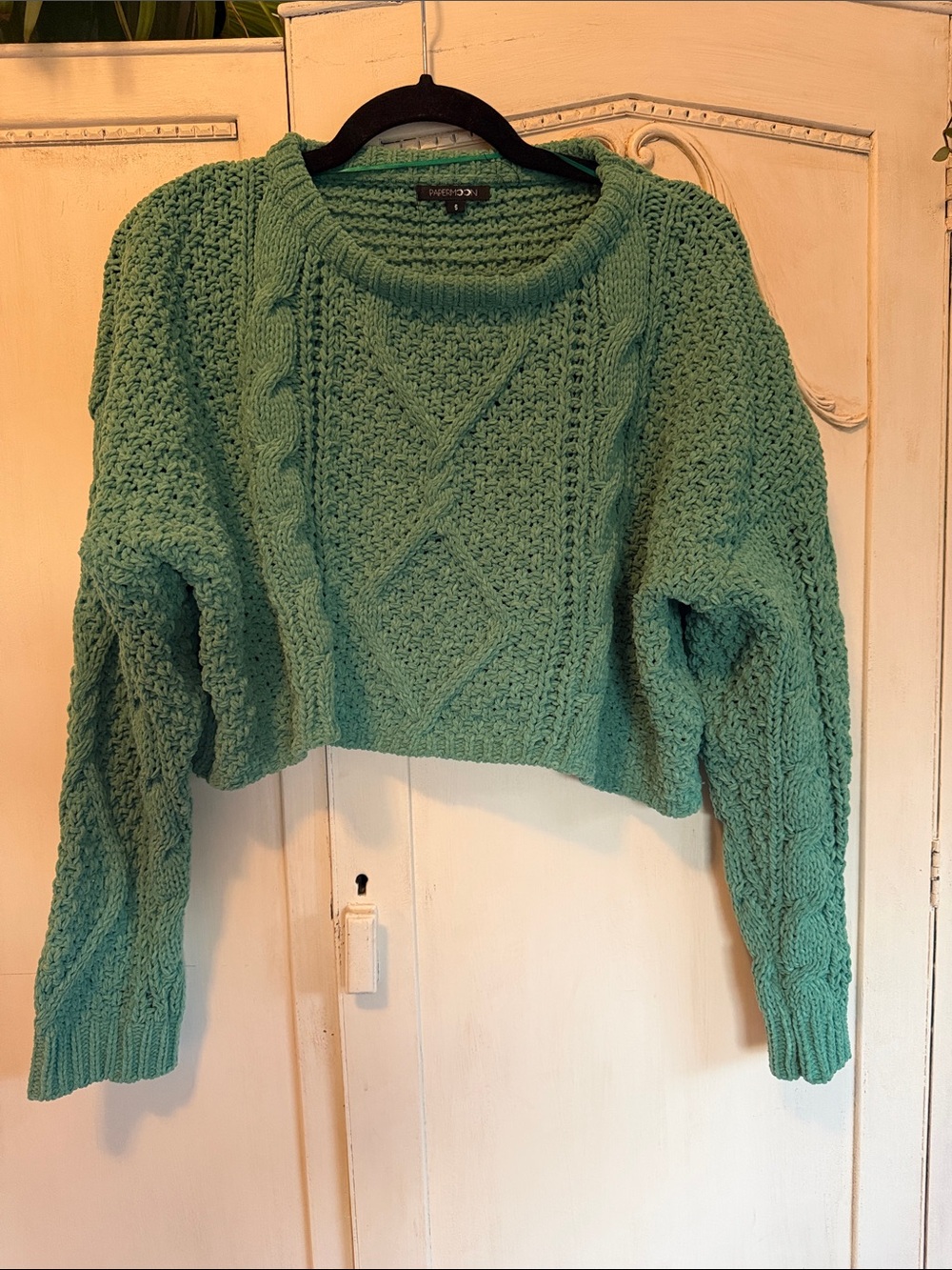 Papermoon Seafoam Green Chunky Cable Knit Cropped Sweater